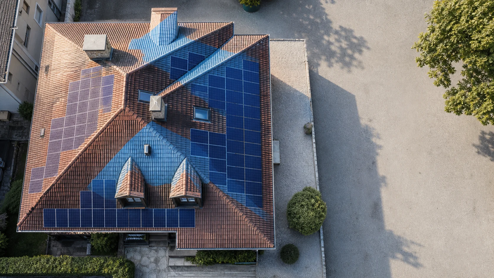 Illustrative Draufsicht einer Dachanalyse mit möglicher Solarmodulbelegung und Verschattungszonen.
