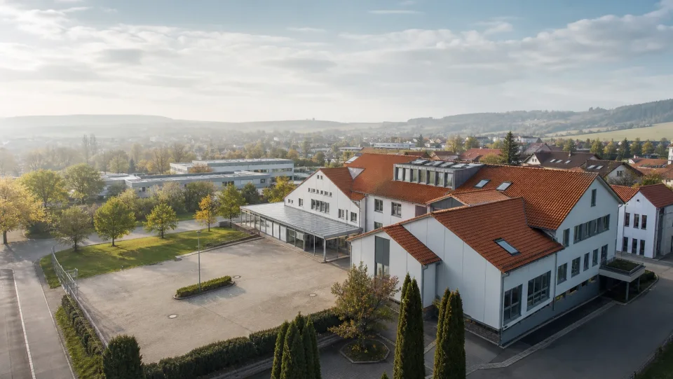 Illustrative Luftaufnahme eines Gebäudekomplexes und seiner Umgebung.